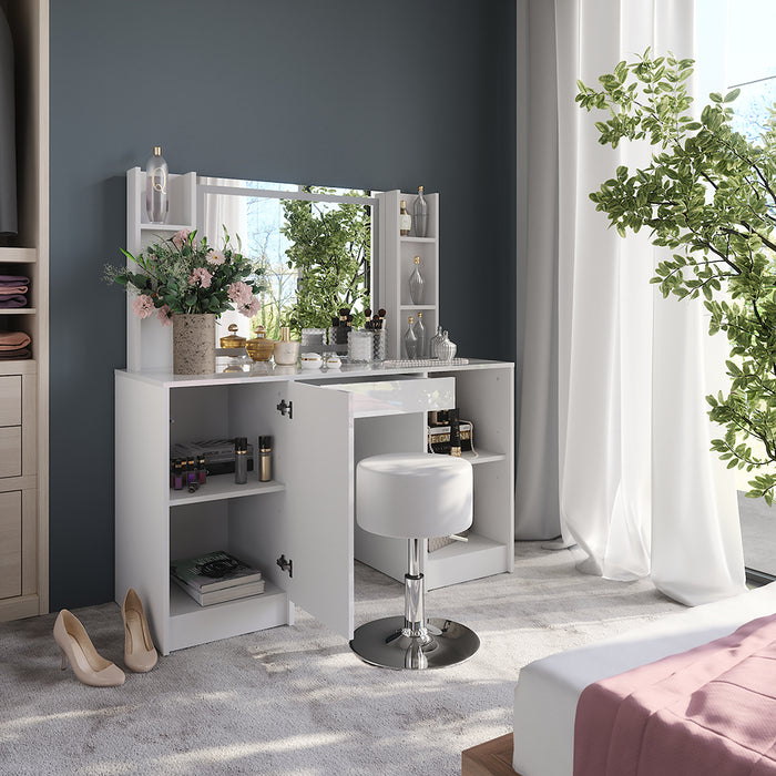 Vicco Tavolo da toeletta Bianco/bianco lucido 128.2 cm con specchio LED e sgabello