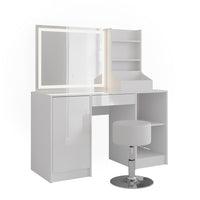 Vicco Tavolo da toeletta Bianco/bianco lucido 128.2 cm con specchio LED e sgabello