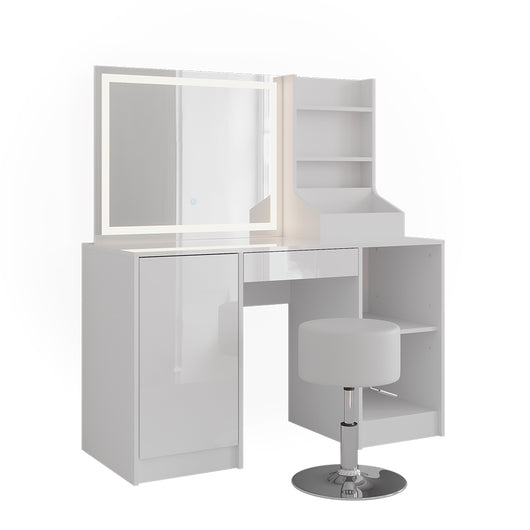 Vicco Tavolo da toeletta Bianco/bianco lucido 128.2 cm con specchio LED e sgabello
