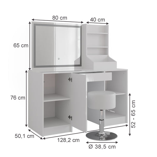 Vicco Tavolo da toeletta Bianco/bianco lucido 128.2 cm con specchio LED e sgabello