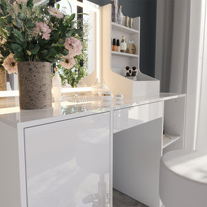 Vicco Tavolo da toeletta Bianco/bianco lucido 128.2 cm con specchio LED e sgabello