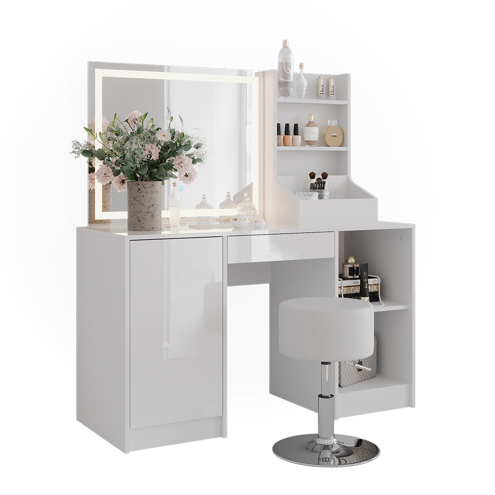 Vicco Tavolo da toeletta Bianco/bianco lucido 128.2 cm con specchio LED e sgabello