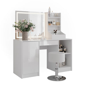 Vicco Tavolo da toeletta Bianco/bianco lucido 128.2 cm con specchio LED e sgabello