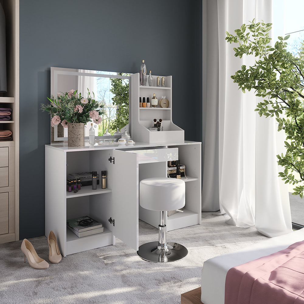 Vicco Tavolo da toeletta Bianco/bianco lucido 128.2 cm con specchio LED e sgabello