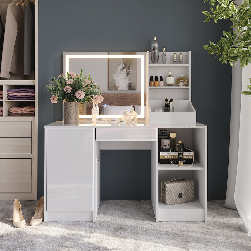 Vicco Tavolo da toeletta Bianco/bianco lucido 128.2 cm con specchio LED