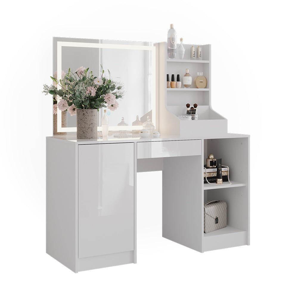 Vicco Tavolo da toeletta Bianco/bianco lucido 128.2 cm con specchio LED