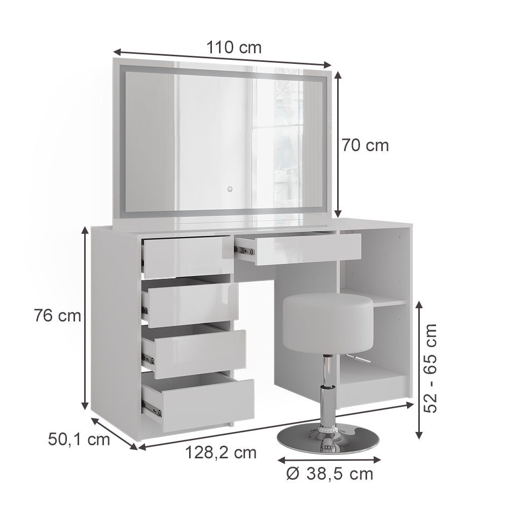 Vicco Tavolo da toeletta Bianco/bianco lucido 128.2 cm con specchio LED e sgabello