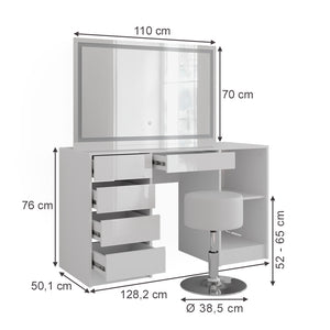 Vicco Tavolo da toeletta Bianco/bianco lucido 128.2 cm con specchio LED e sgabello