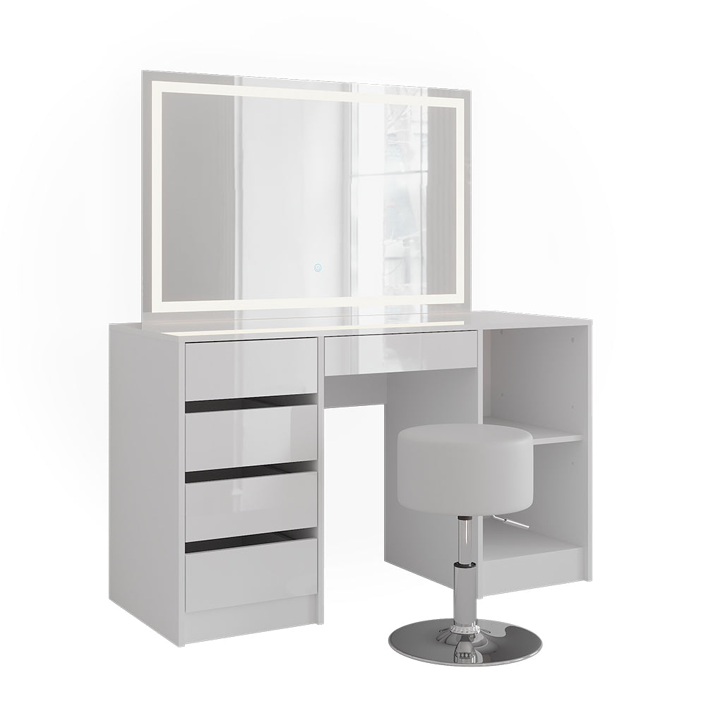 Vicco Tavolo da toeletta Bianco/bianco lucido 128.2 cm con specchio LED e sgabello