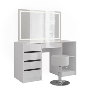 Vicco Tavolo da toeletta Bianco/bianco lucido 128.2 cm con specchio LED e sgabello