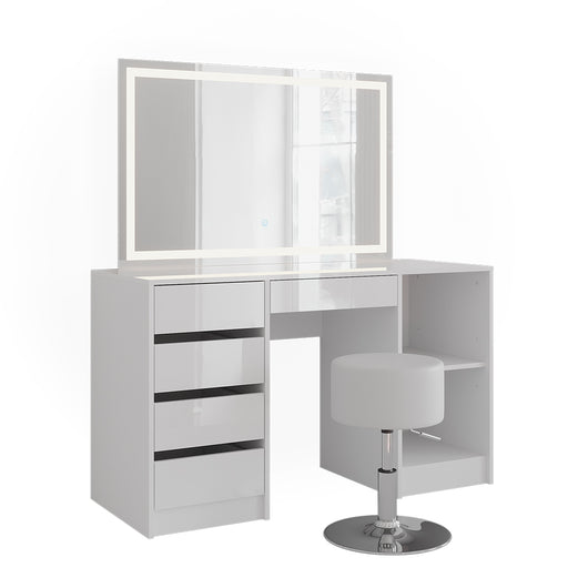 Vicco Tavolo da toeletta Bianco/bianco lucido 128.2 cm con specchio LED e sgabello