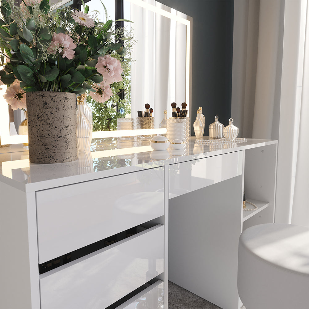 Vicco Tavolo da toeletta Bianco/bianco lucido 128.2 cm con specchio LED e sgabello