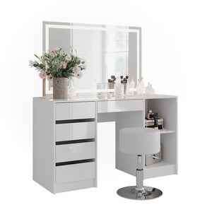 Vicco Tavolo da toeletta Bianco/bianco lucido 128.2 cm con specchio LED e sgabello