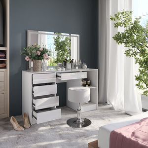 Vicco Tavolo da toeletta Bianco/bianco lucido 128.2 cm con specchio LED e sgabello