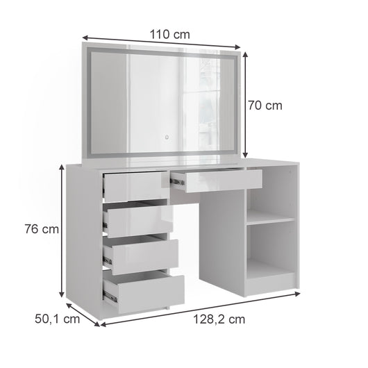 Vicco Tavolo da toeletta Bianco/bianco lucido 128.2 cm con specchio LED
