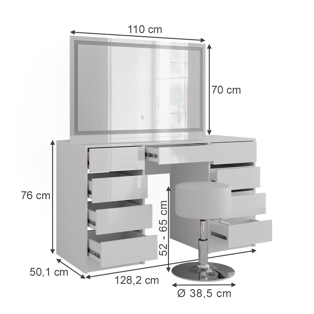 Vicco Tavolo da toeletta Bianco/bianco lucido 128.2 cm con specchio LED e sgabello