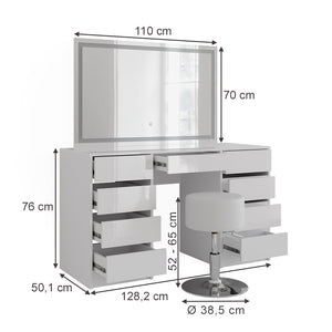 Vicco Tavolo da toeletta Bianco/bianco lucido 128.2 cm con specchio LED e sgabello