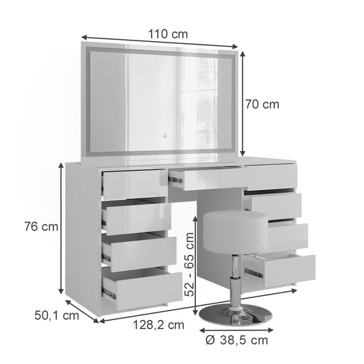 Vicco Tavolo da toeletta Bianco/bianco lucido 128.2 cm con specchio LED e sgabello