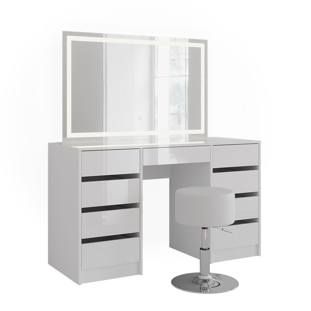 Vicco Tavolo da toeletta Bianco/bianco lucido 128.2 cm con specchio LED e sgabello