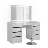Vicco Tavolo da toeletta Bianco/bianco lucido 128.2 cm con specchio LED e sgabello