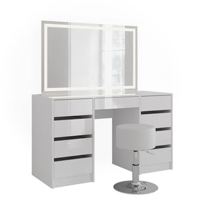 Vicco Tavolo da toeletta Bianco/bianco lucido 128.2 cm con specchio LED e sgabello