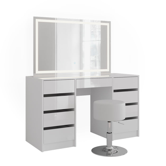 Vicco Tavolo da toeletta Bianco/bianco lucido 128.2 cm con specchio LED e sgabello
