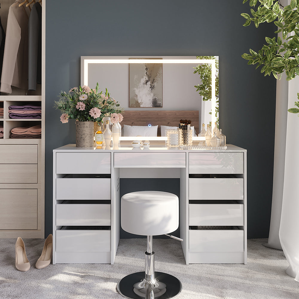 Vicco Tavolo da toeletta Bianco/bianco lucido 128.2 cm con specchio LED e sgabello