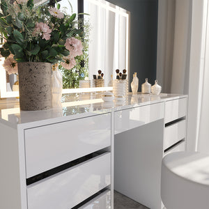 Vicco Tavolo da toeletta Bianco/bianco lucido 128.2 cm con specchio LED e sgabello