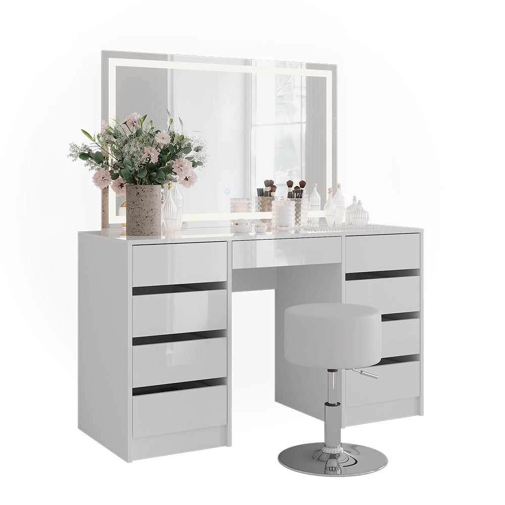 Vicco Tavolo da toeletta Bianco/bianco lucido 128.2 cm con specchio LED e sgabello
