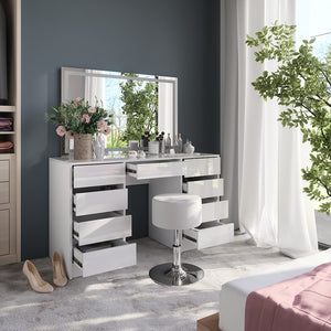 Vicco Tavolo da toeletta Bianco/bianco lucido 128.2 cm con specchio LED e sgabello