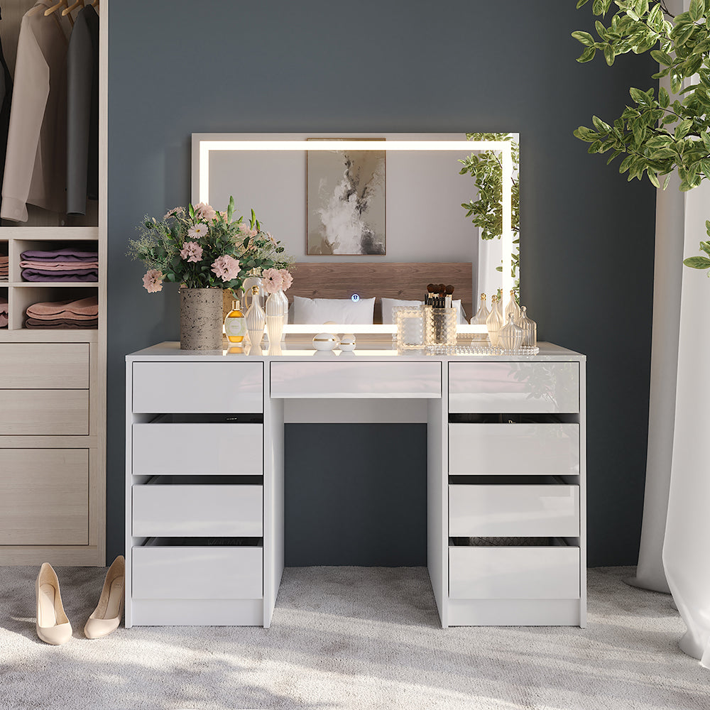 Vicco Tavolo da toeletta Bianco/bianco lucido 128.2 cm con specchio LED