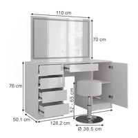 Vicco Tavolo da toeletta Bianco/bianco lucido 128.2 cm con specchio LED e sgabello