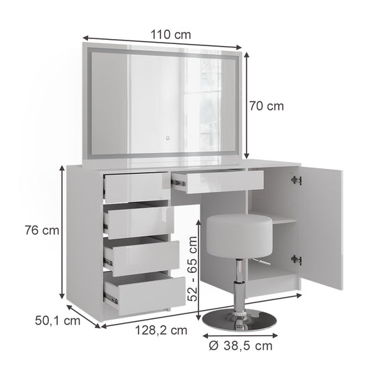 Vicco Tavolo da toeletta Bianco/bianco lucido 128.2 cm con specchio LED e sgabello
