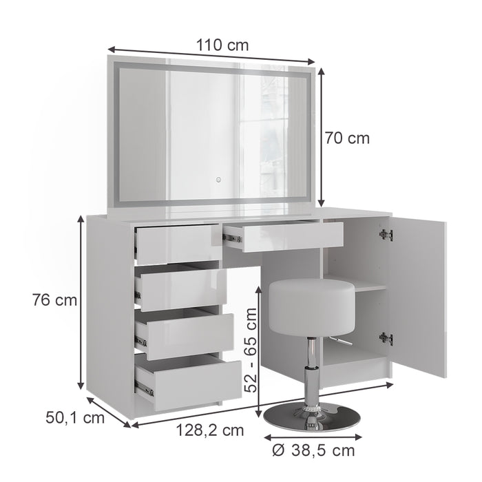 Vicco Tavolo da toeletta Bianco/bianco lucido 128.2 cm con specchio LED e sgabello