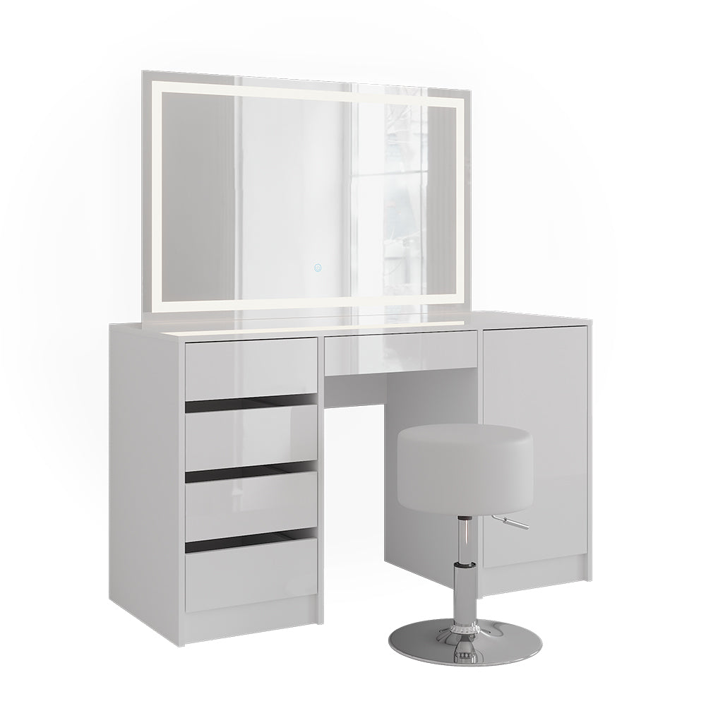 Vicco Tavolo da toeletta Bianco/bianco lucido 128.2 cm con specchio LED e sgabello