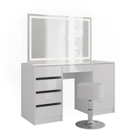 Vicco Tavolo da toeletta Bianco/bianco lucido 128.2 cm con specchio LED e sgabello