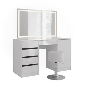 Vicco Tavolo da toeletta Bianco/bianco lucido 128.2 cm con specchio LED e sgabello