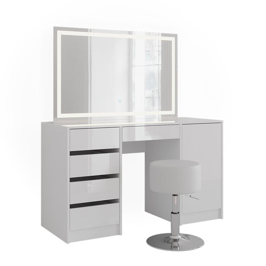 Vicco Tavolo da toeletta Bianco/bianco lucido 128.2 cm con specchio LED e sgabello