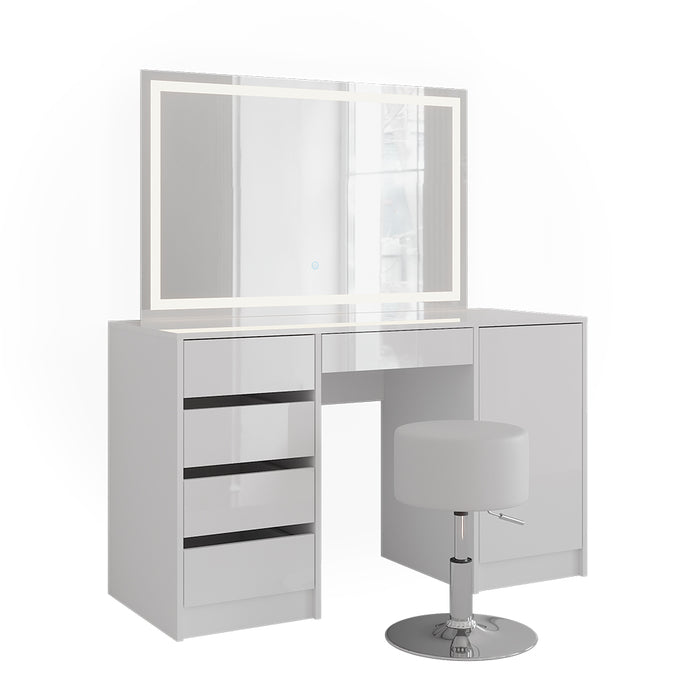 Vicco Tavolo da toeletta Bianco/bianco lucido 128.2 cm con specchio LED e sgabello