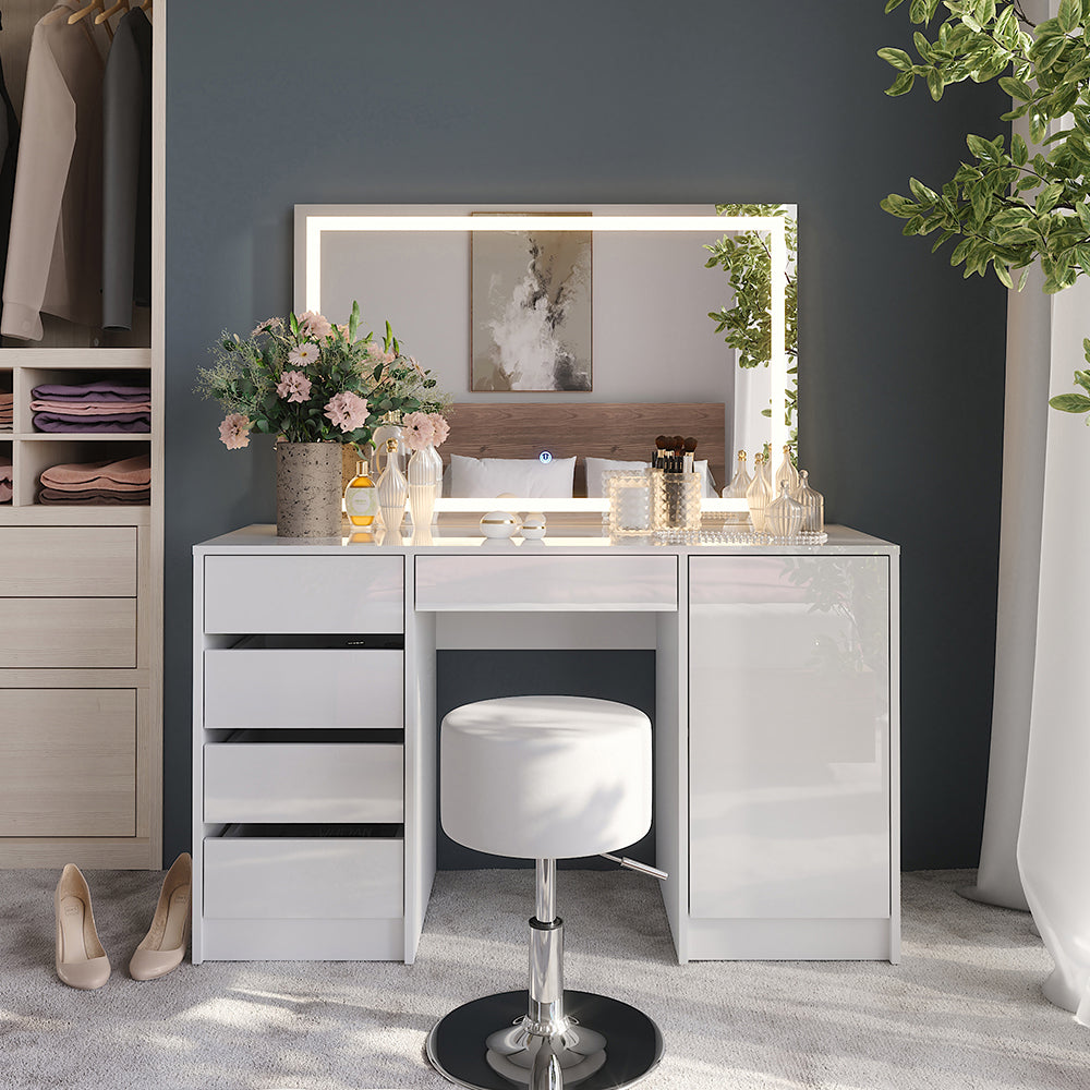 Vicco Tavolo da toeletta Bianco/bianco lucido 128.2 cm con specchio LED e sgabello
