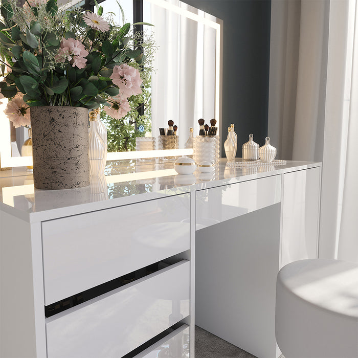 Vicco Tavolo da toeletta Bianco/bianco lucido 128.2 cm con specchio LED e sgabello