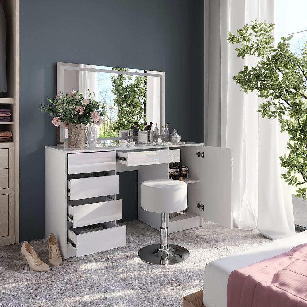 Vicco Tavolo da toeletta Bianco/bianco lucido 128.2 cm con specchio LED e sgabello