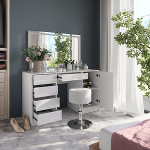 Vicco Tavolo da toeletta Bianco/bianco lucido 128.2 cm con specchio LED e sgabello