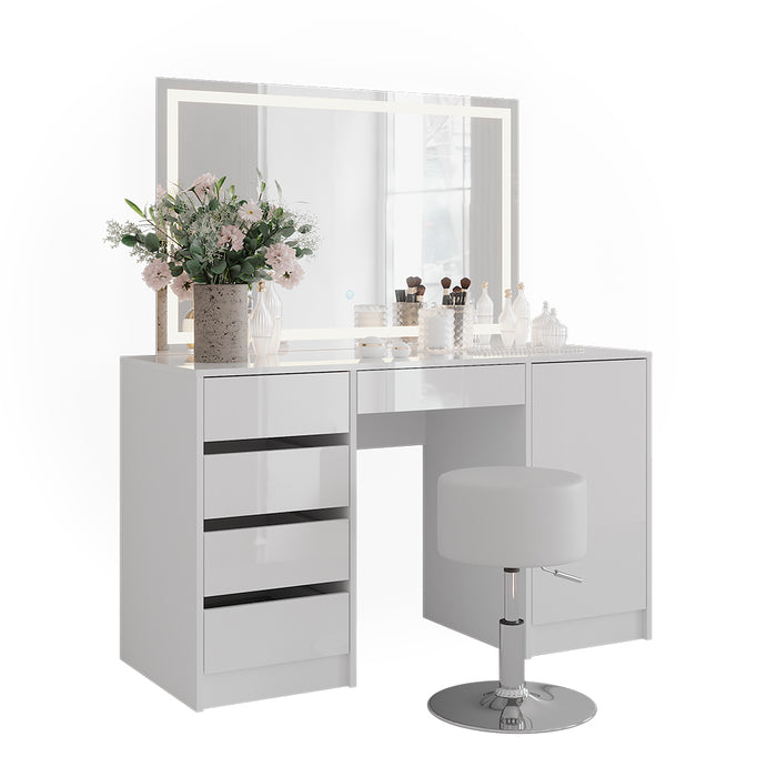 Vicco Tavolo da toeletta Bianco/bianco lucido 128.2 cm con specchio LED e sgabello