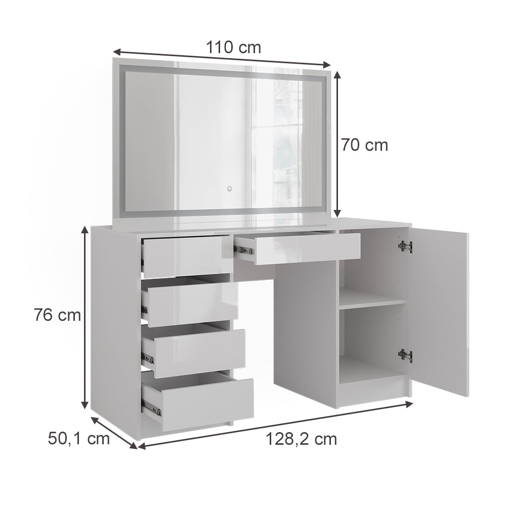 Vicco Tavolo da toeletta Bianco/bianco lucido 128.2 cm con specchio LED