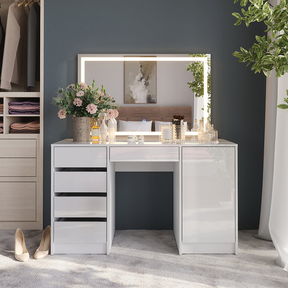 Vicco Tavolo da toeletta Bianco/bianco lucido 128.2 cm con specchio LED