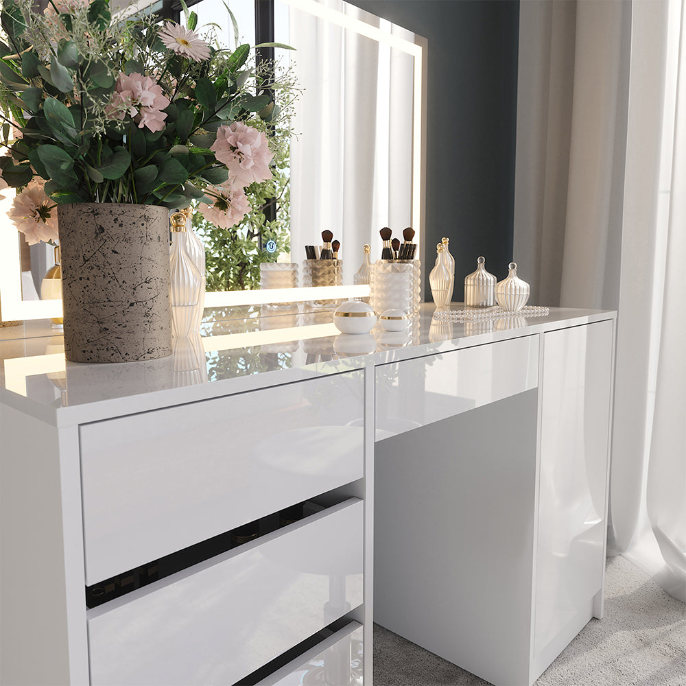 Vicco Tavolo da toeletta Bianco/bianco lucido 128.2 cm con specchio LED