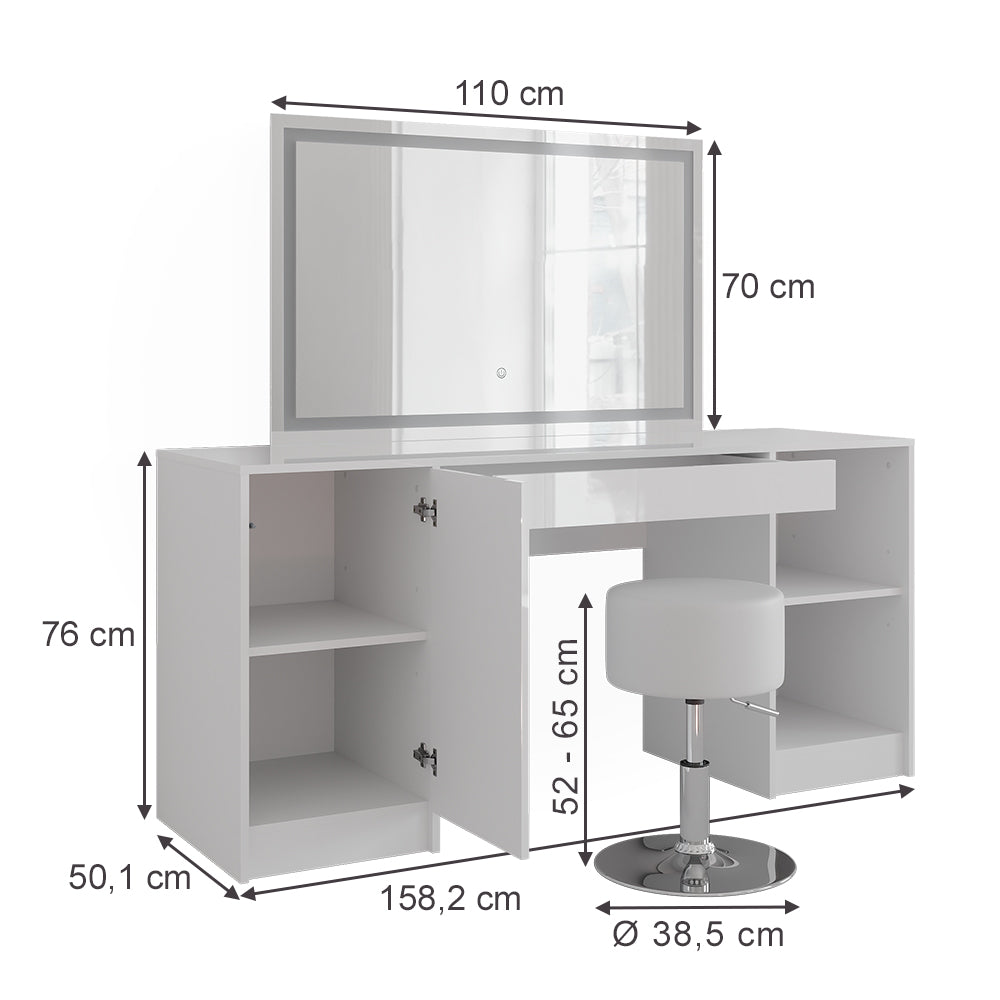 Vicco Tavolo da toeletta Bianco/bianco lucido 158.2 cm con specchio LED e sgabello