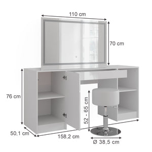 Vicco Tavolo da toeletta Bianco/bianco lucido 158.2 cm con specchio LED e sgabello