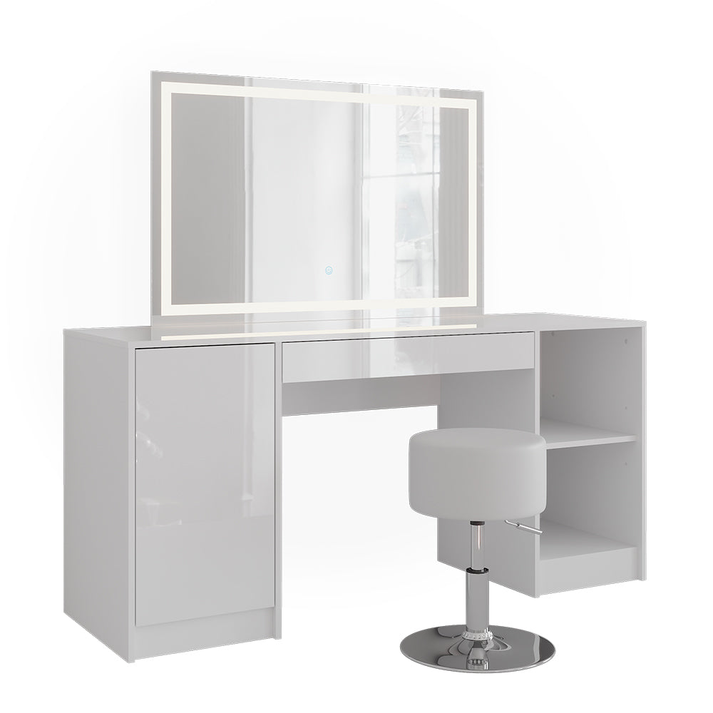 Vicco Tavolo da toeletta Bianco/bianco lucido 158.2 cm con specchio LED e sgabello